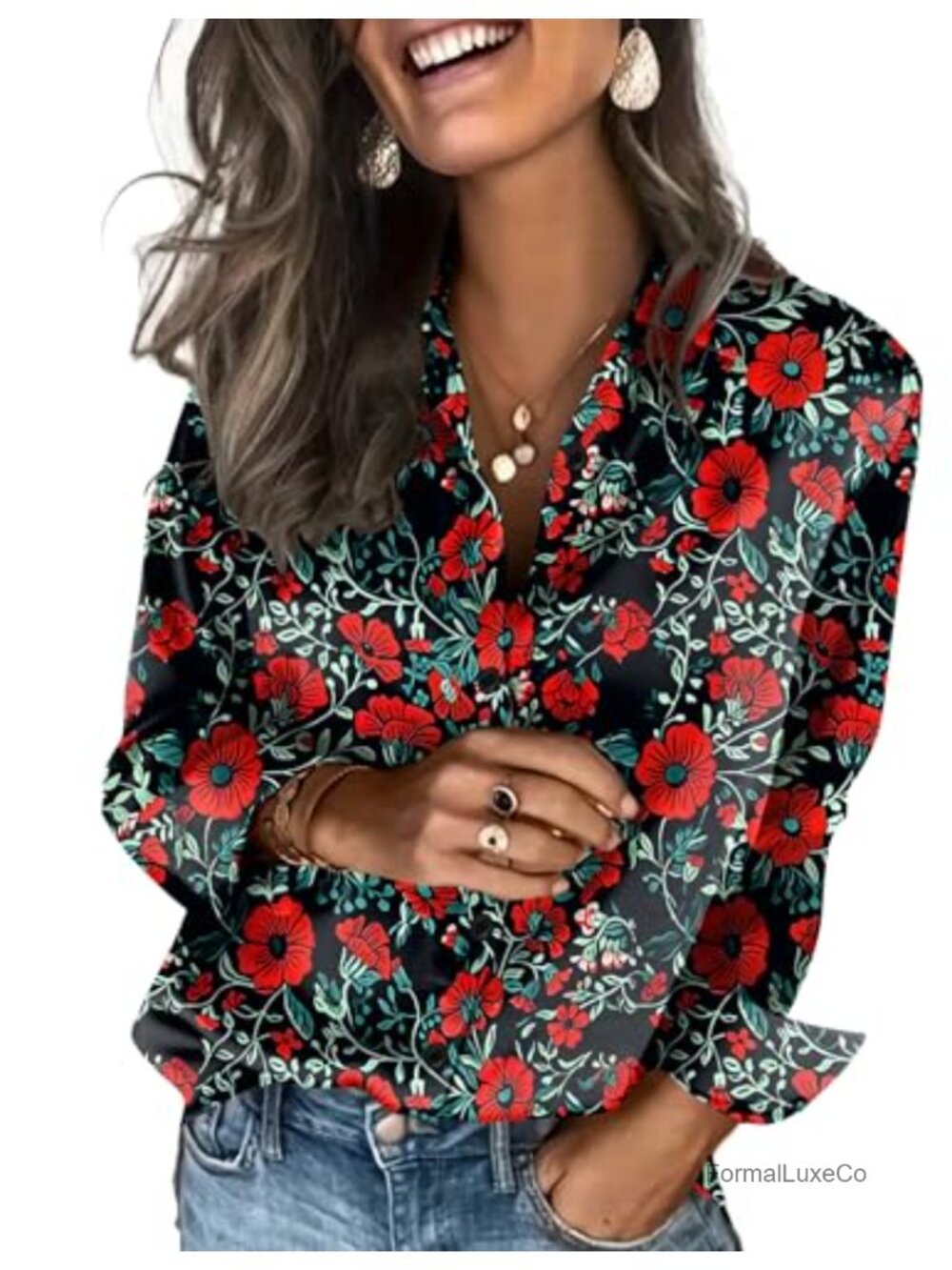 Satin Blouse Silk Button Down Shirt Long Sleeve V-Neck Floral Top